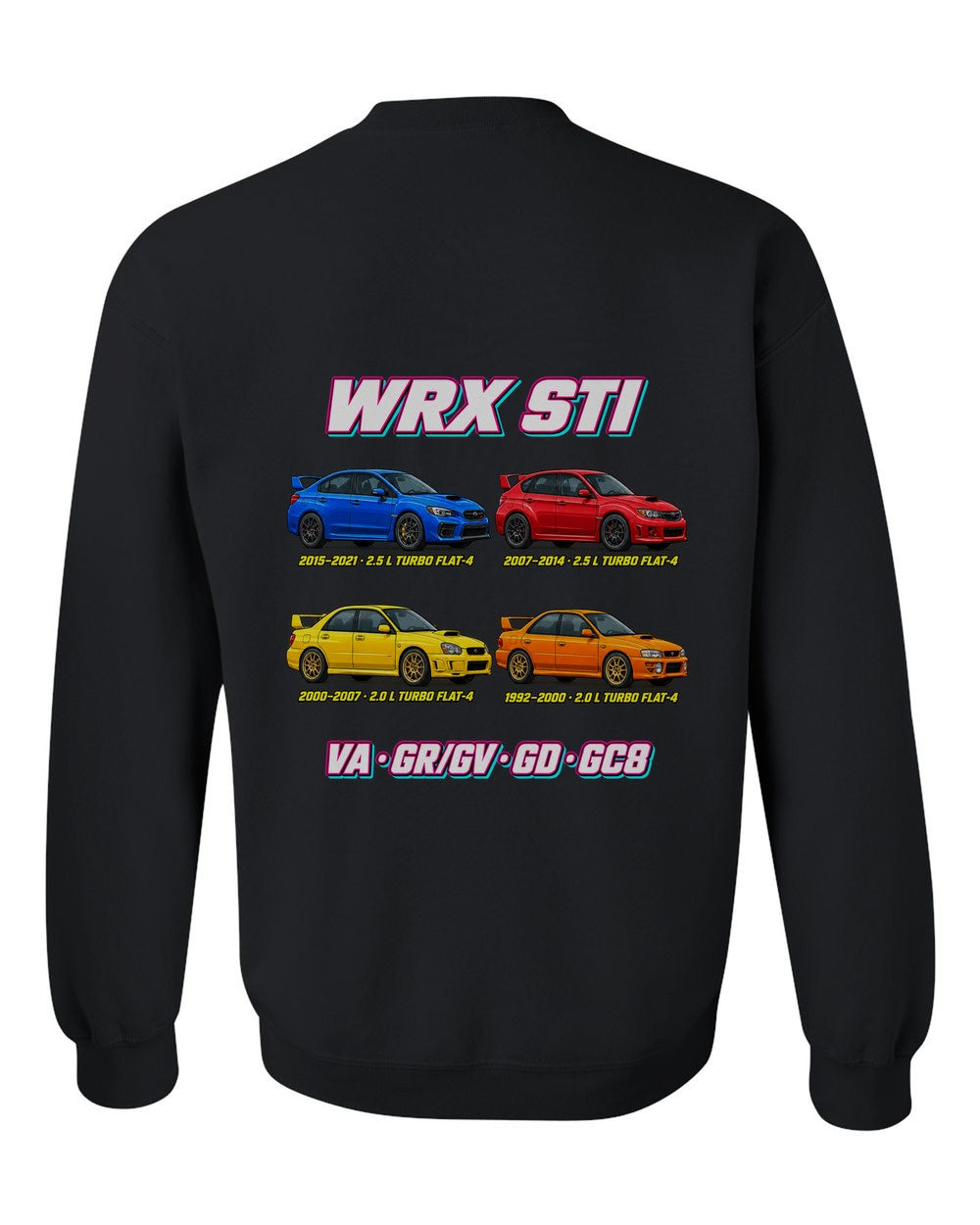 Subaru WRX STI evolution poster black crewneck back view with the design