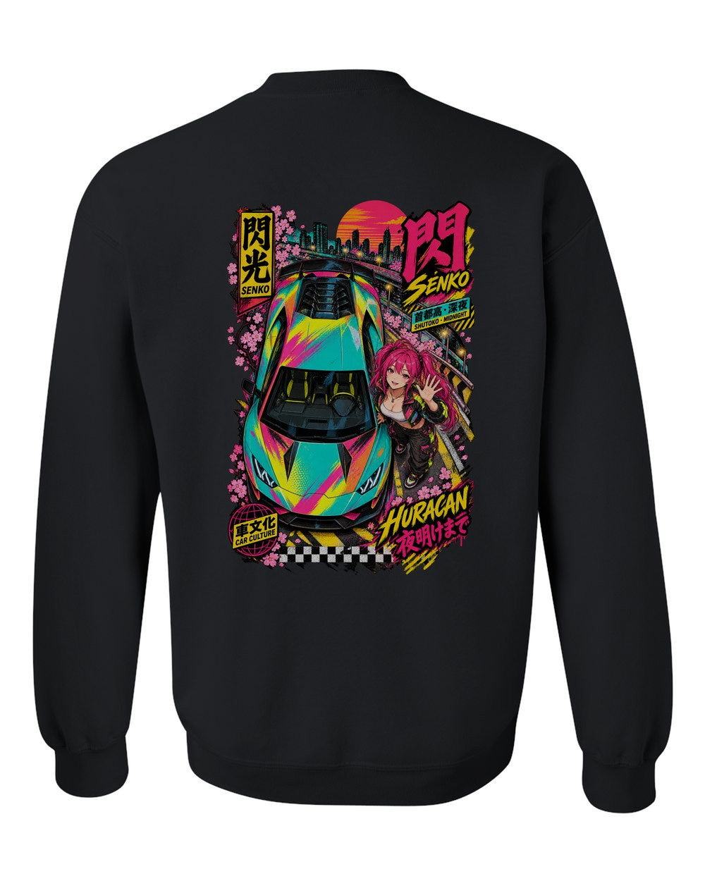 SENKO HURACAN full-back artwork black crewneck back view with the design