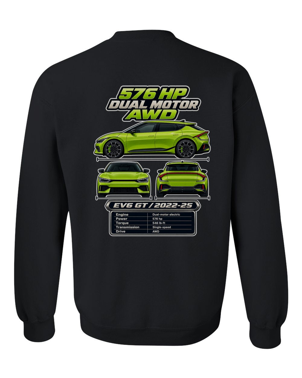 Kia Ev6 Gt spec sheet black crewneck back view with the design