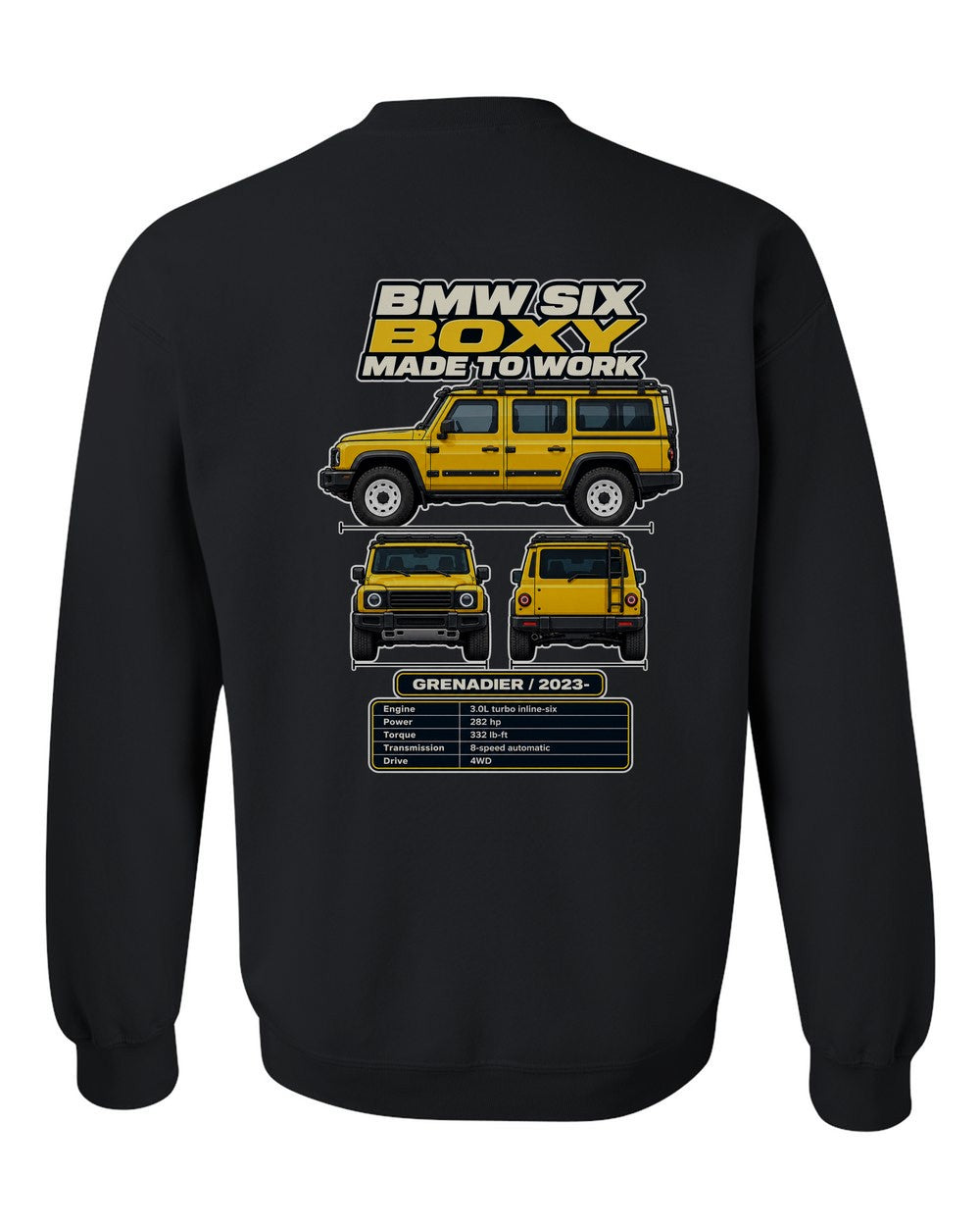 Ineos Grenadier spec sheet black crewneck back view with the design