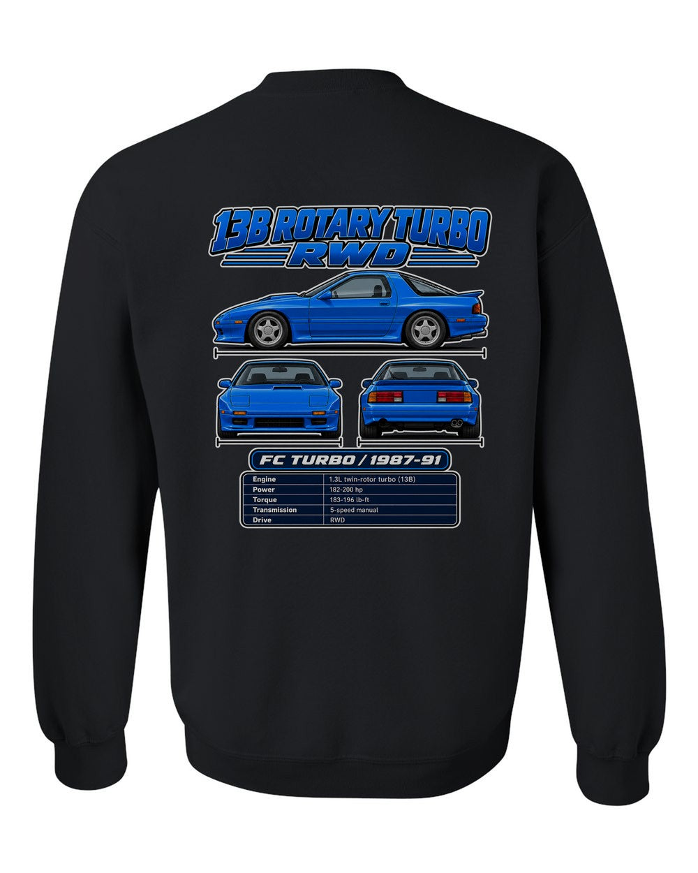 Mazda Rx 7 Fc Turbo spec sheet black crewneck back view with the design