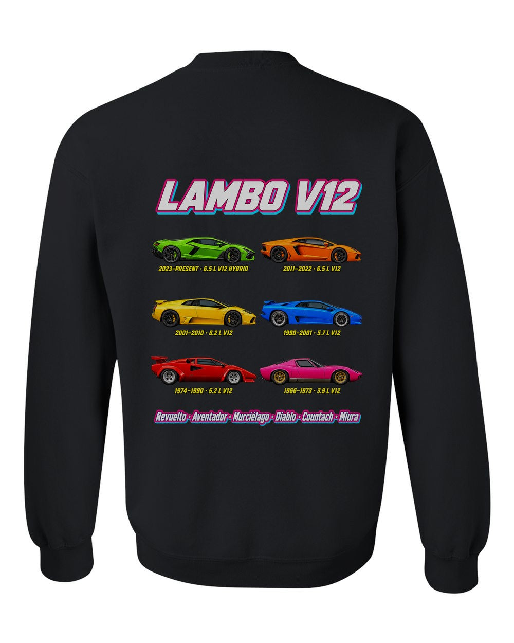 Lamborghini V12 evolution poster black crewneck back view with the design