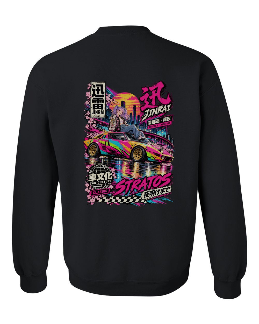JINRAI STRATOS full-back artwork black crewneck back view with the design