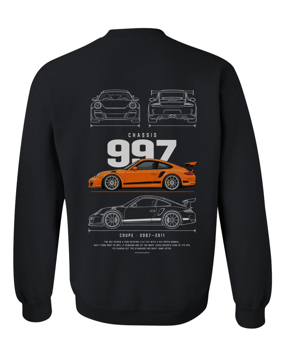 997 full-back artwork black crewneck back view with the design