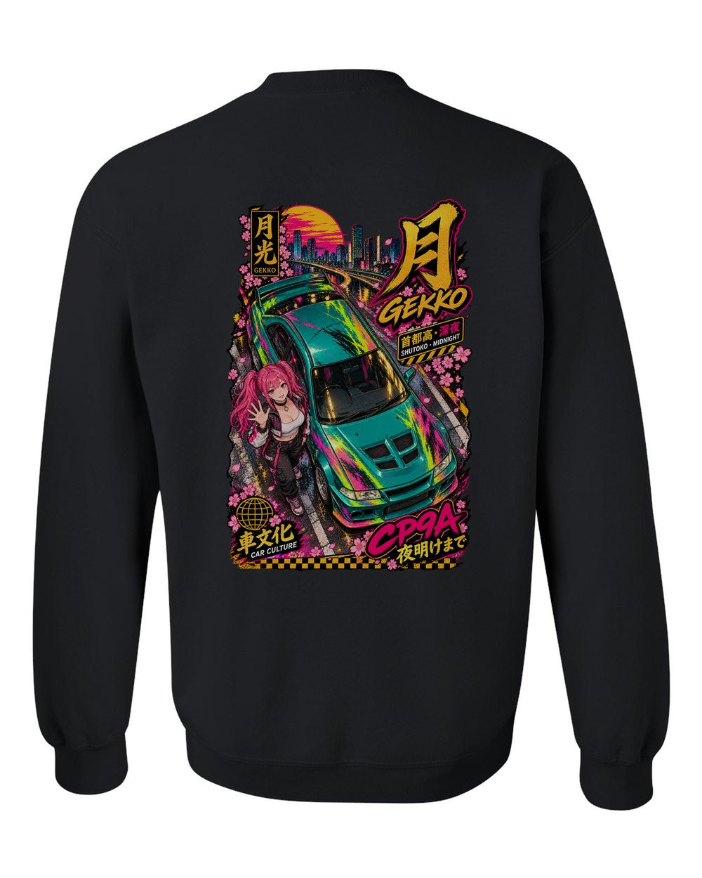 GEKKO CP9A full-back artwork black crewneck back view with the design