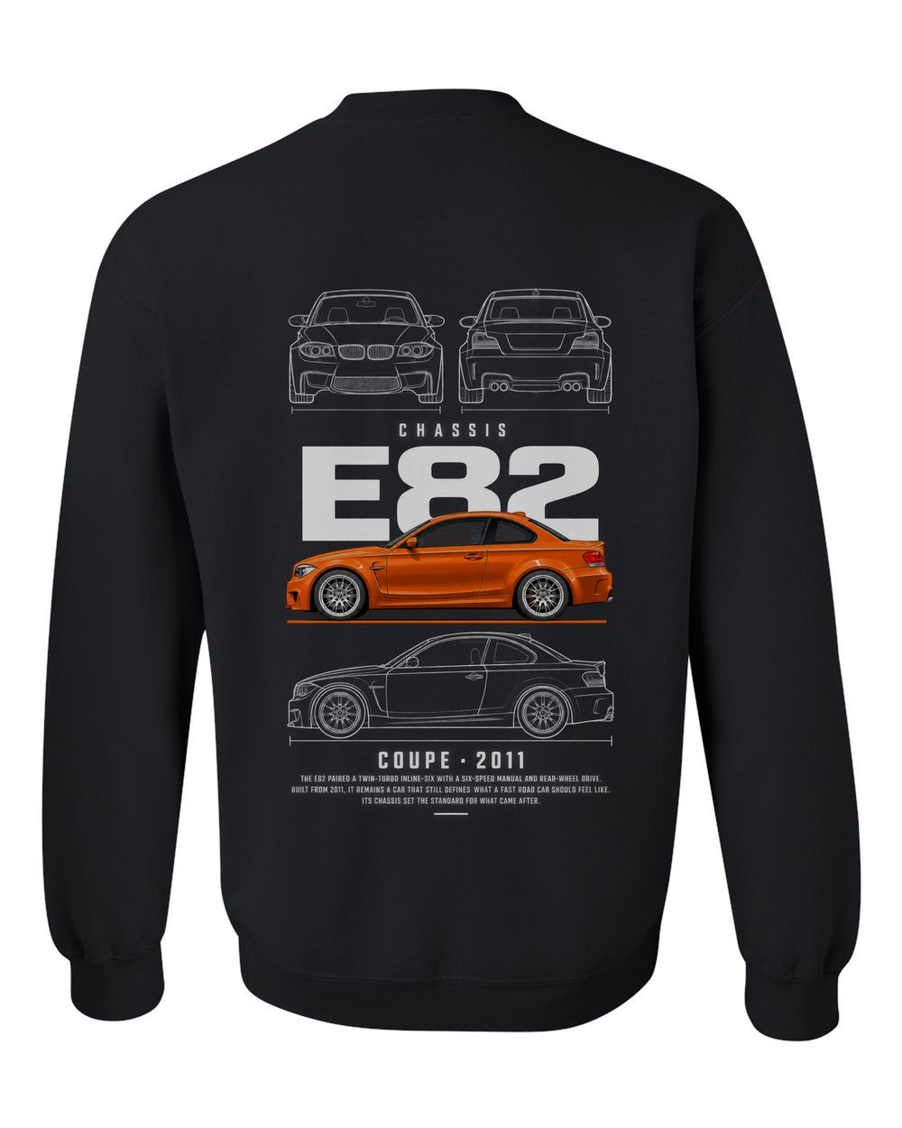 E82 full-back artwork black crewneck back view with the design