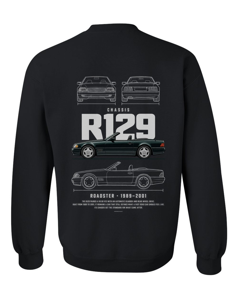 R129 full-back artwork black crewneck back view with the design
