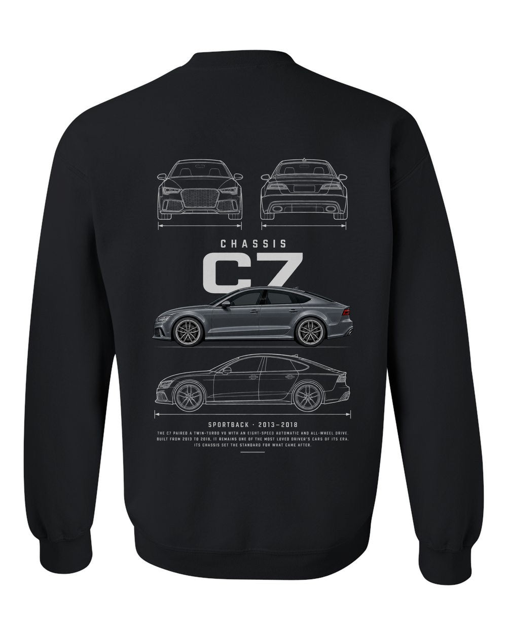C7 full-back artwork black crewneck back view with the design
