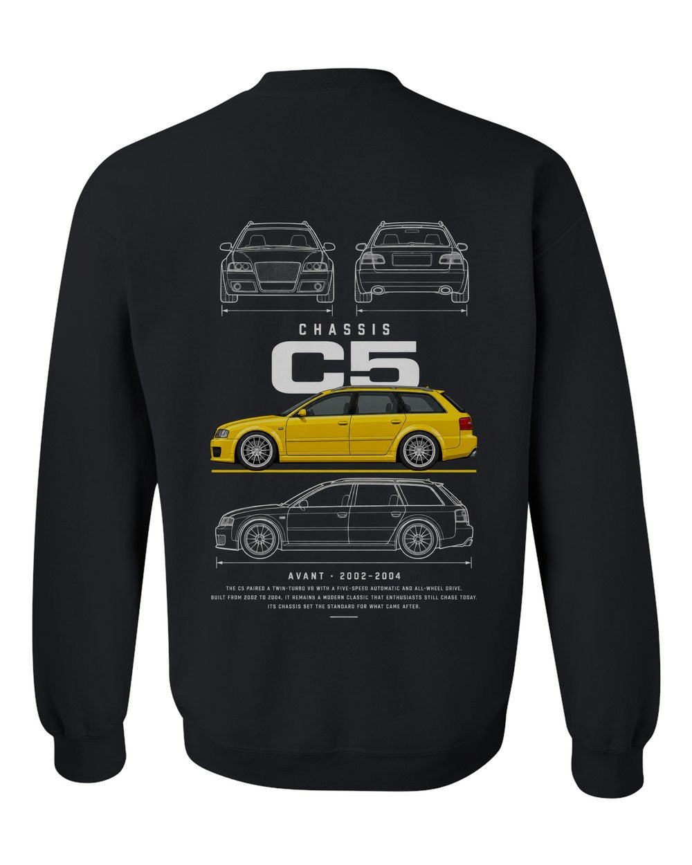 C5 full-back artwork black crewneck back view with the design