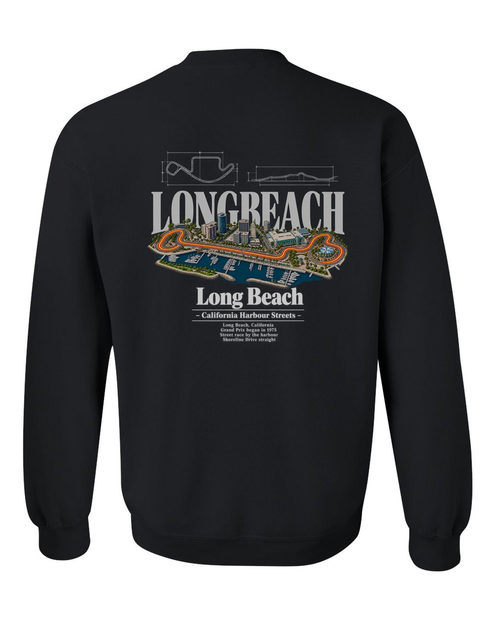 Long Beach black crewneck back view with the design