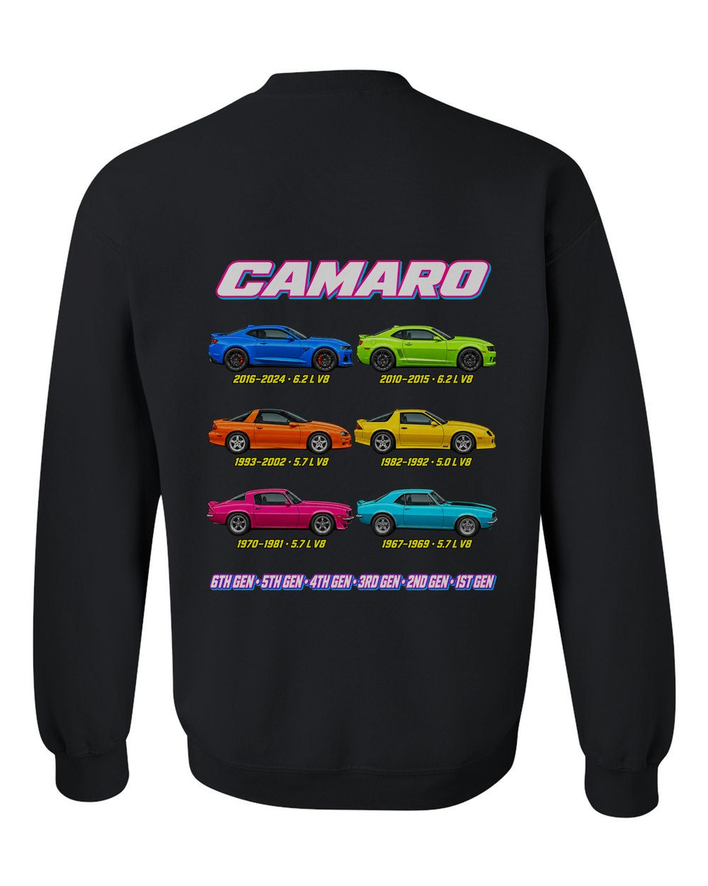 Chevy Camaro evolution poster black crewneck back view with the design