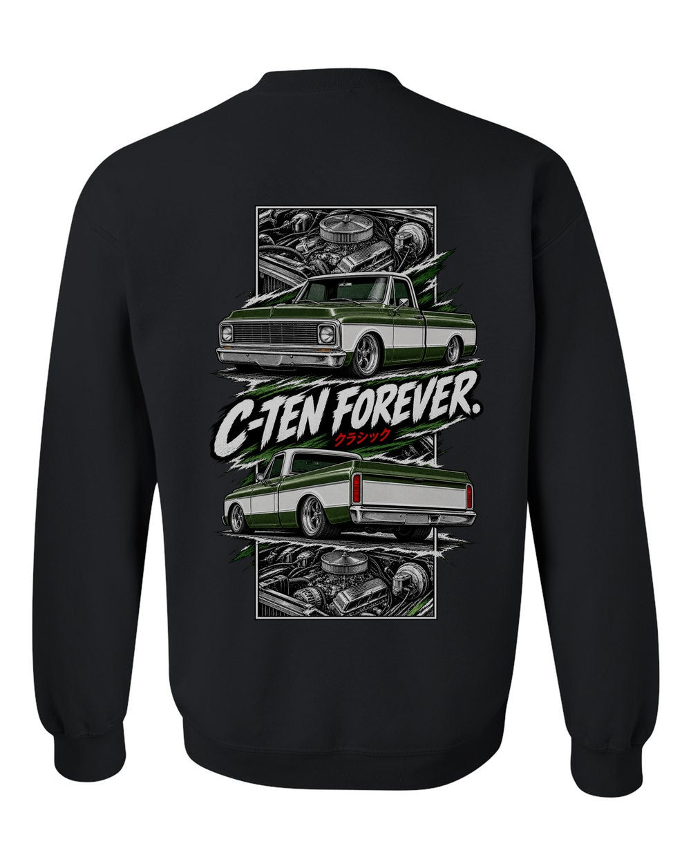 Chevy C10 1972 torn poster black crewneck back view with the design