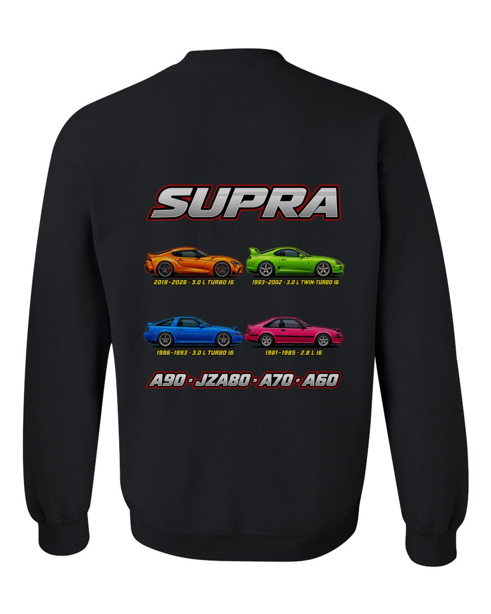 Toyota Supra evolution poster black crewneck back view with the design