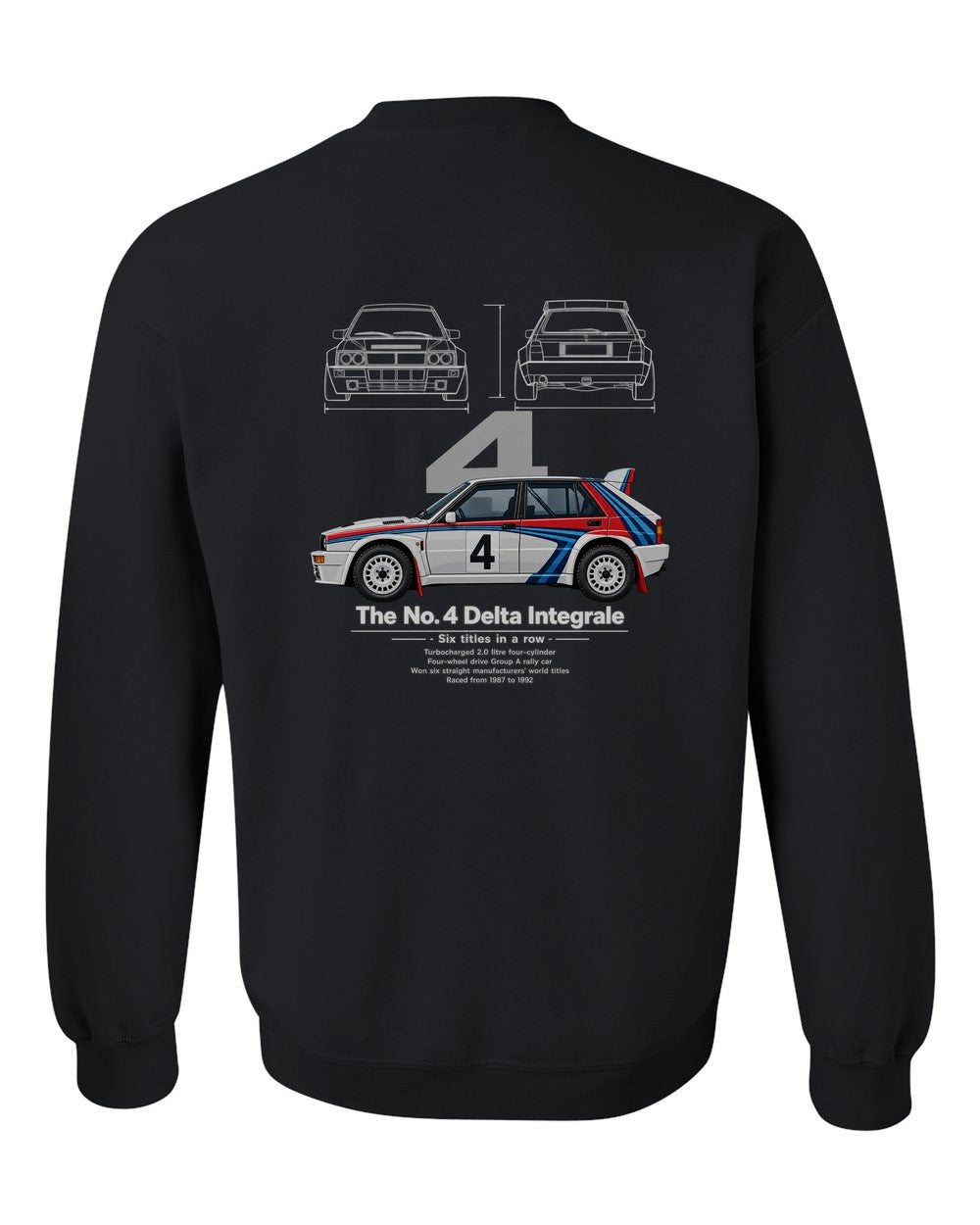 No. 4 Delta Integrale black crewneck back view with the design