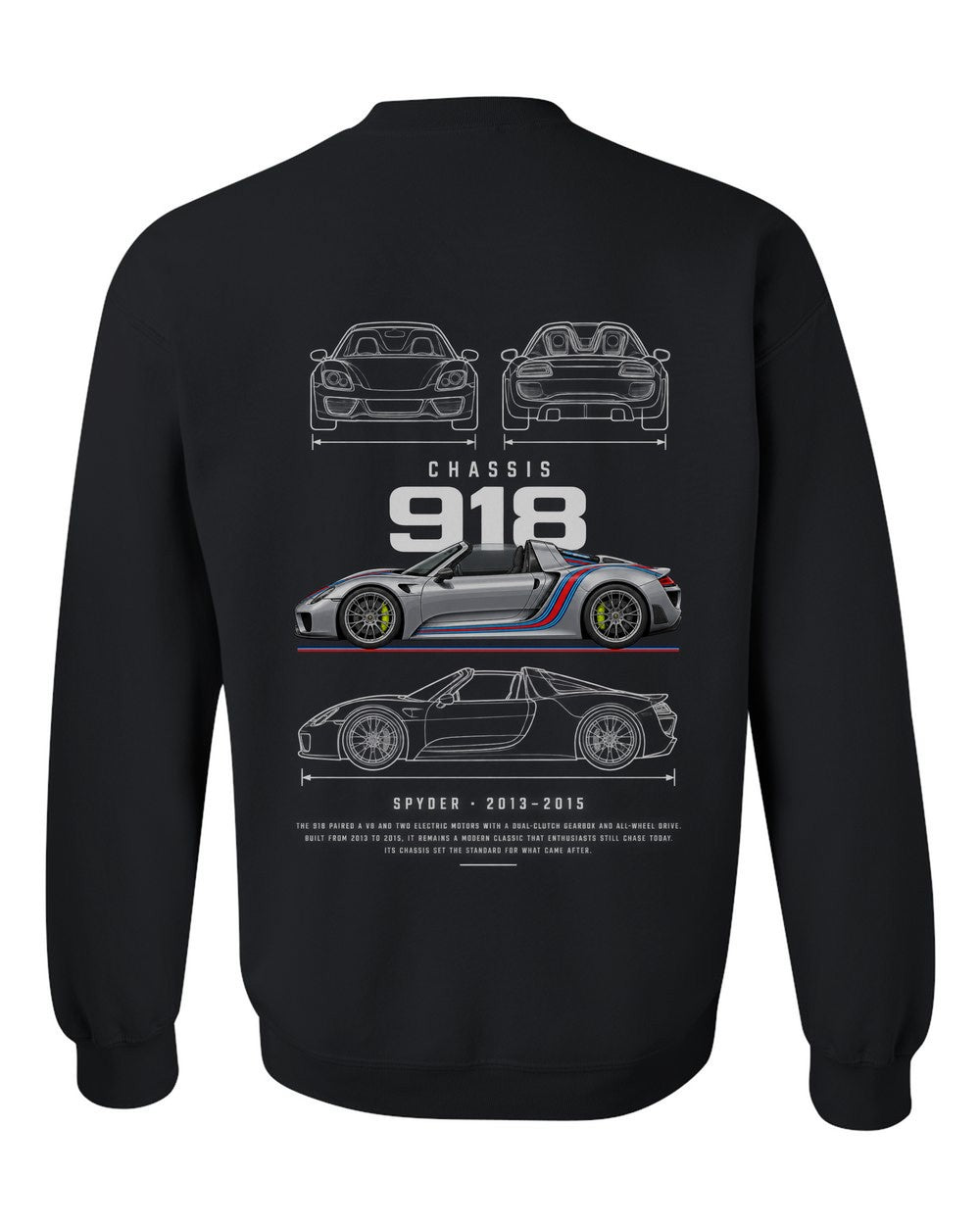 918 full-back artwork black crewneck back view with the design