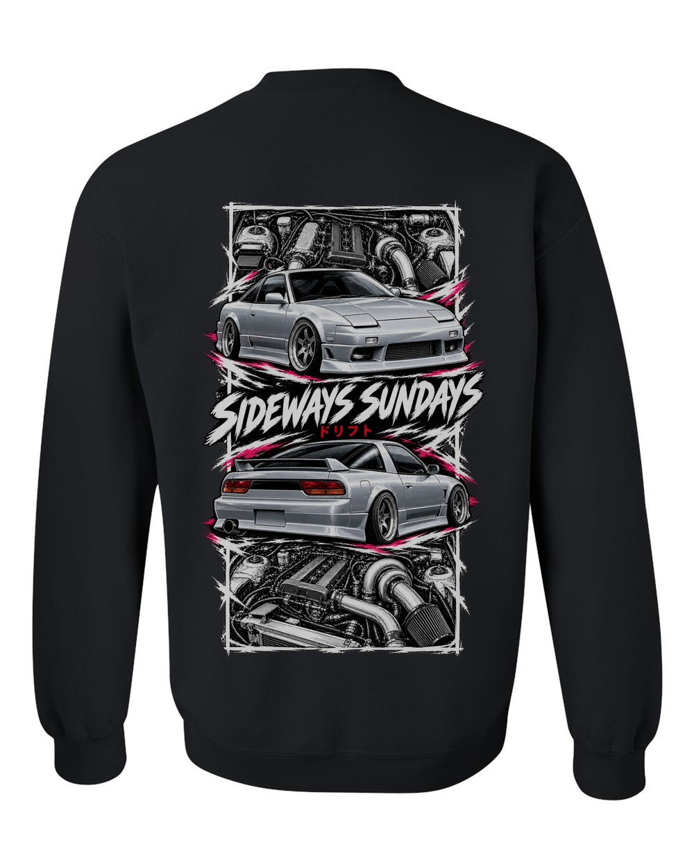 Nissan 180Sx S13 torn poster black crewneck back view with the design