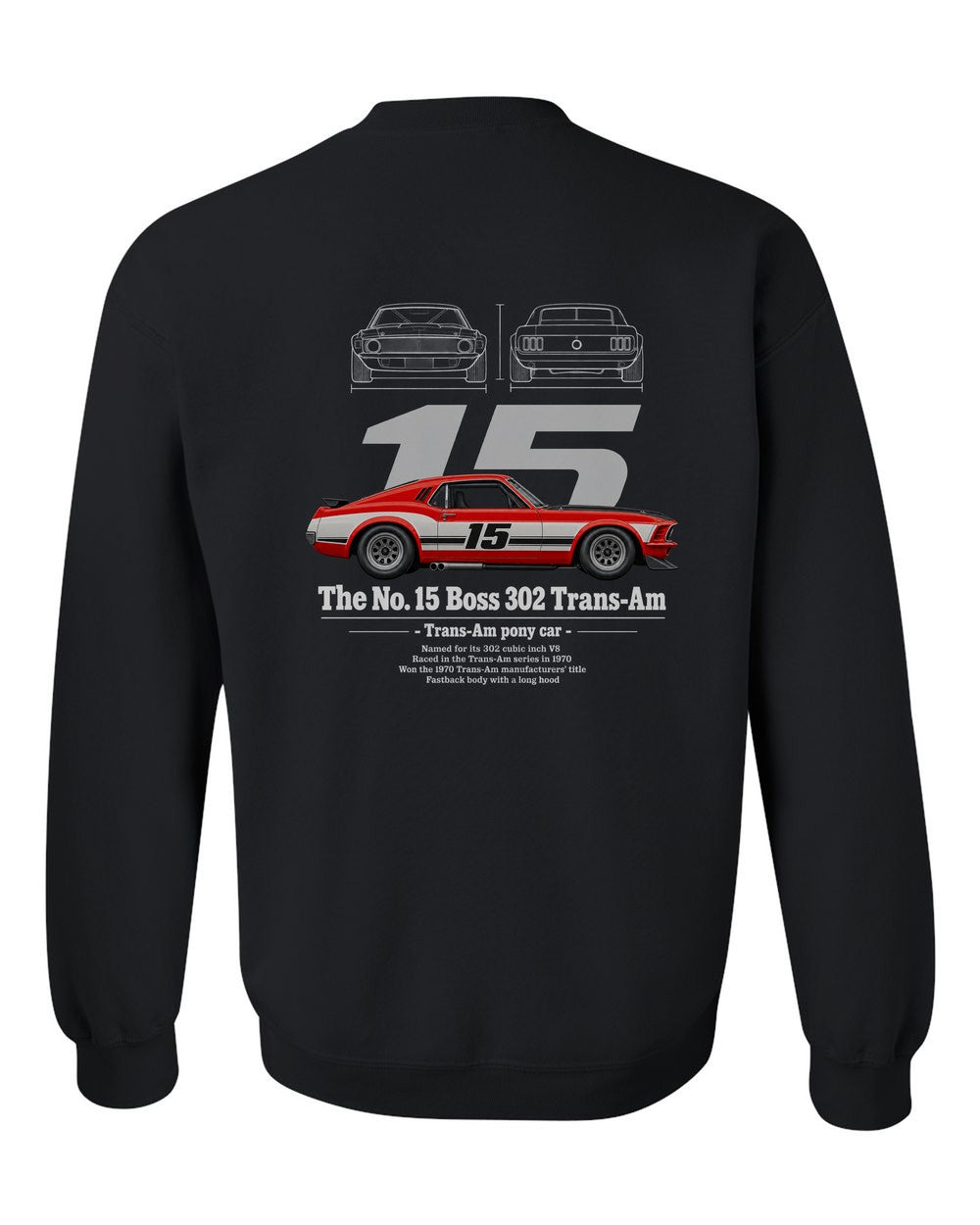 No. 15 Boss 302 Trans-Am black crewneck back view with the design