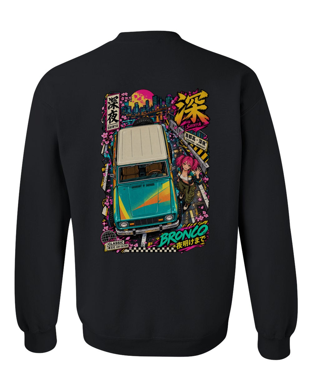 SHINYA BRONCO full-back artwork black crewneck back view with the design