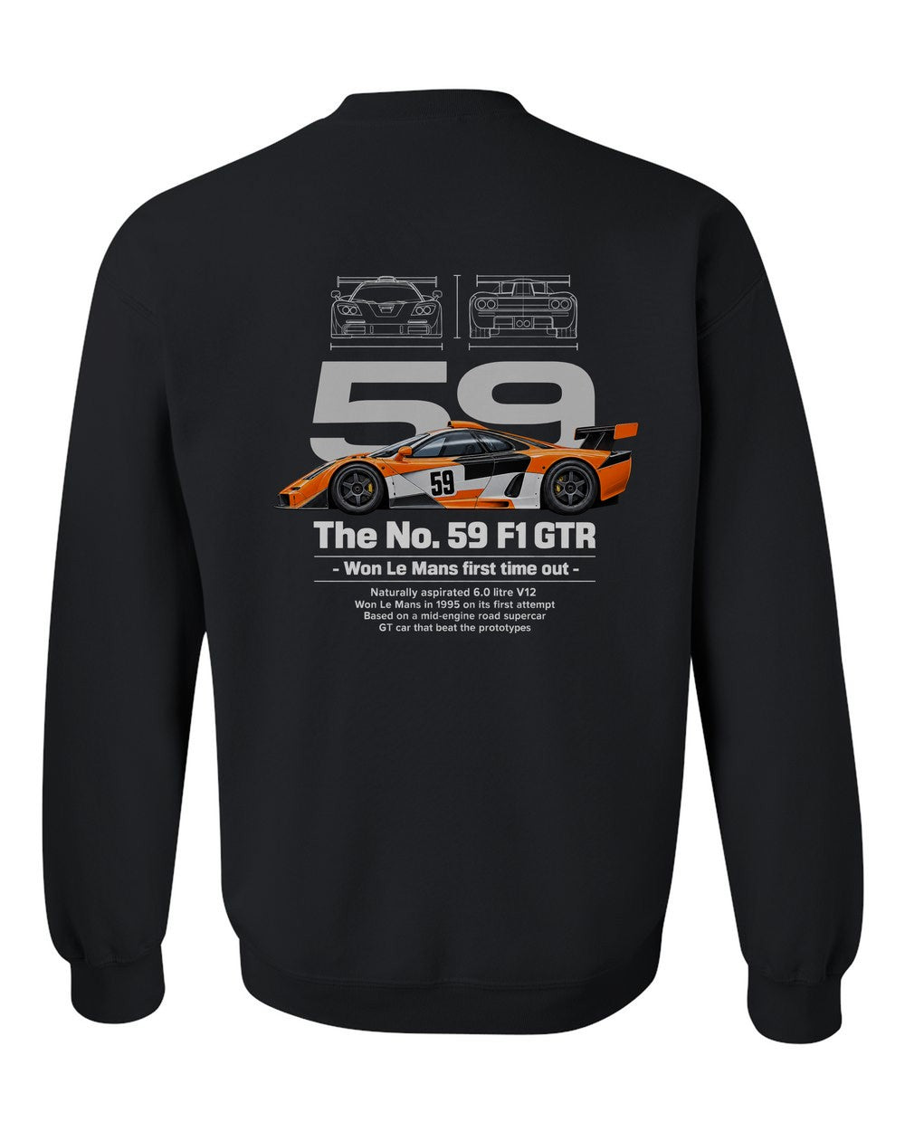 No. 59 F1 GTR black crewneck back view with the design