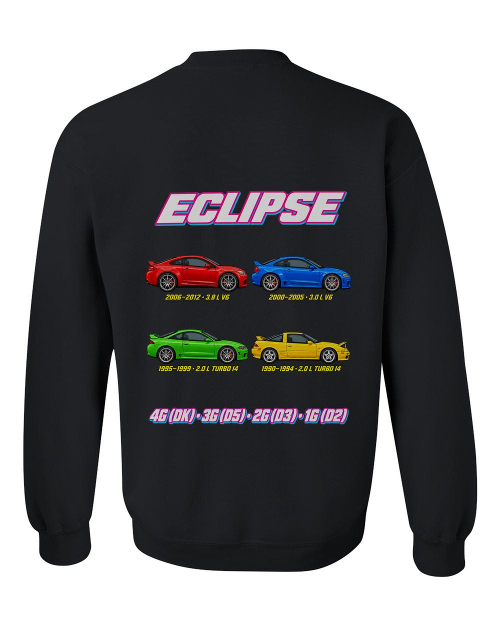 Mitsubishi Eclipse evolution poster black crewneck back view with the design