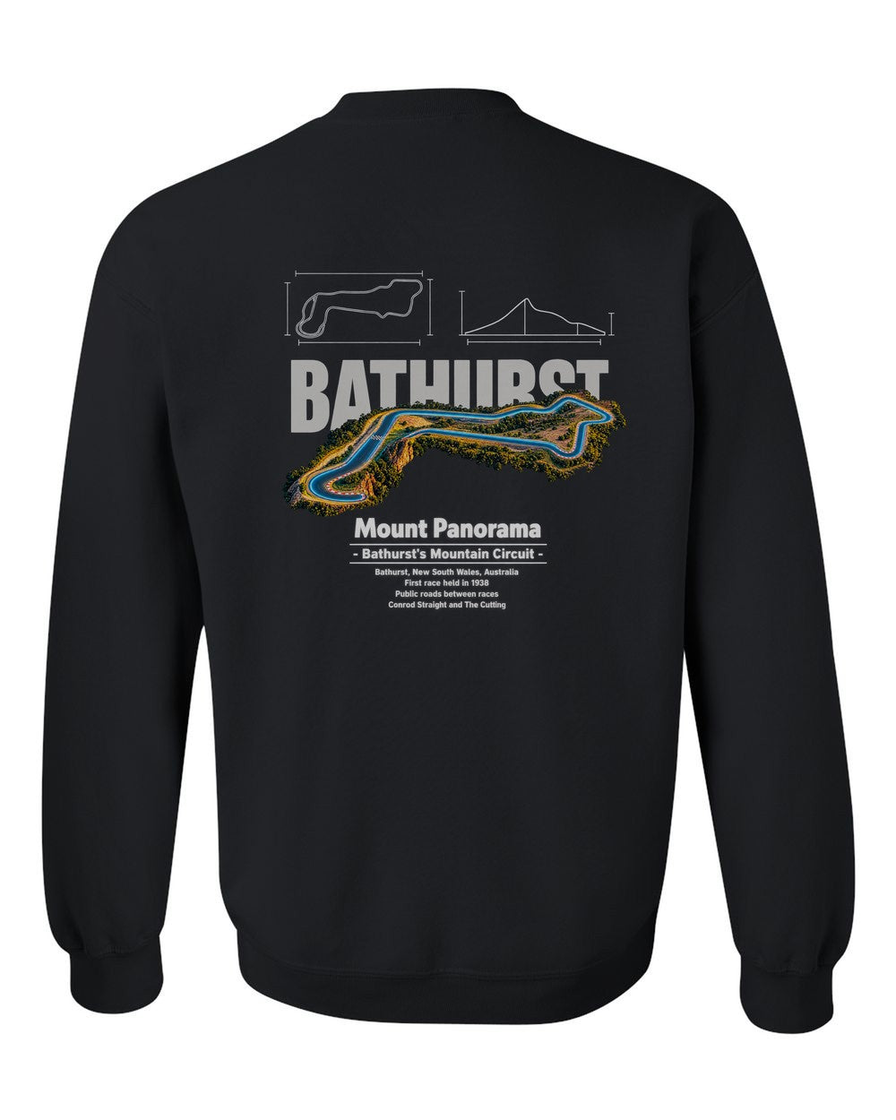 Mount Panorama black crewneck back view with the design