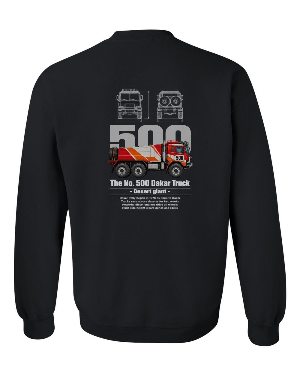 No. 500 Dakar Truck black crewneck back view with the design