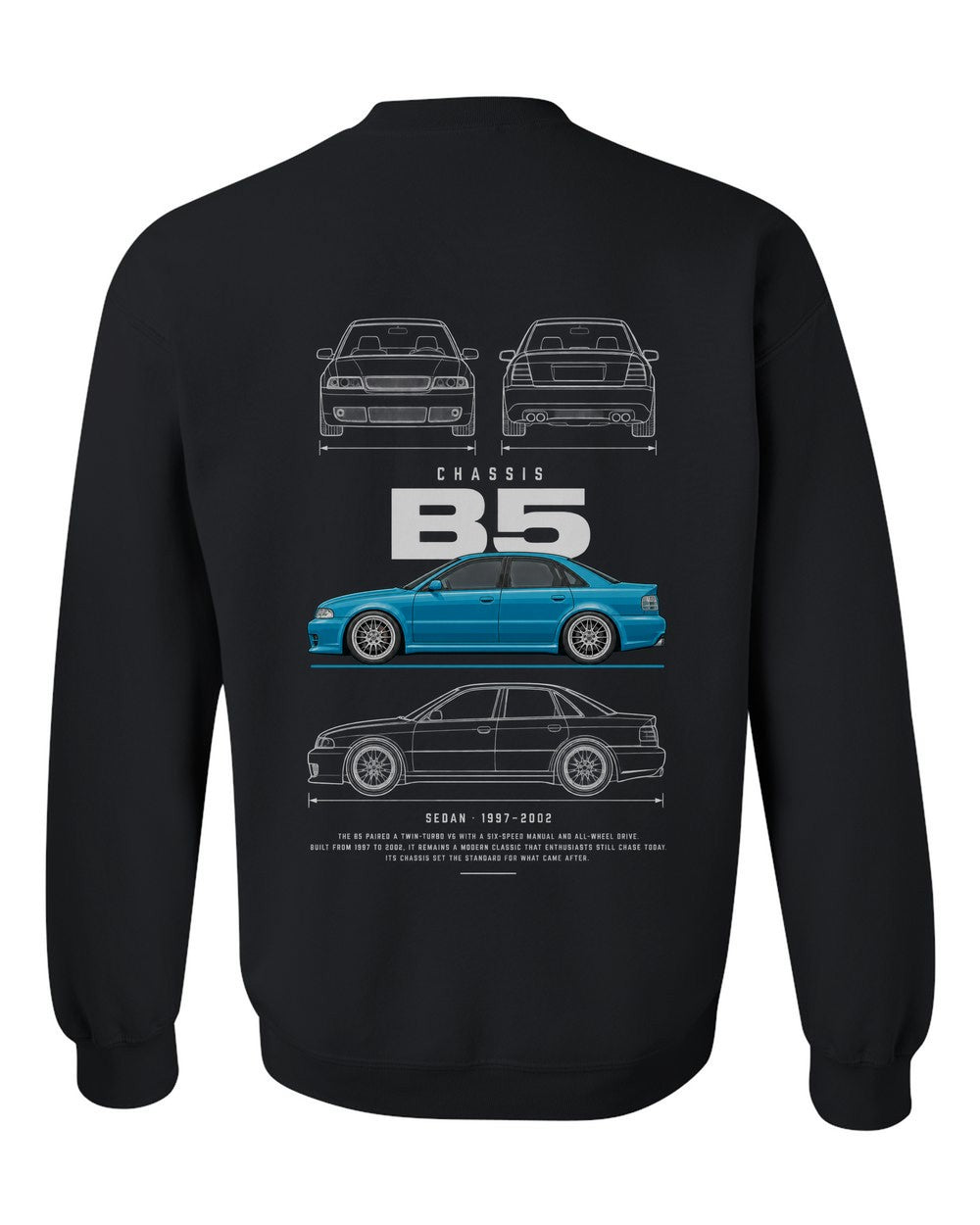 B5 full-back artwork black crewneck back view with the design