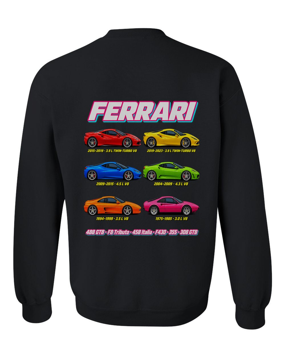 Ferrari V8 evolution poster black crewneck back view with the design