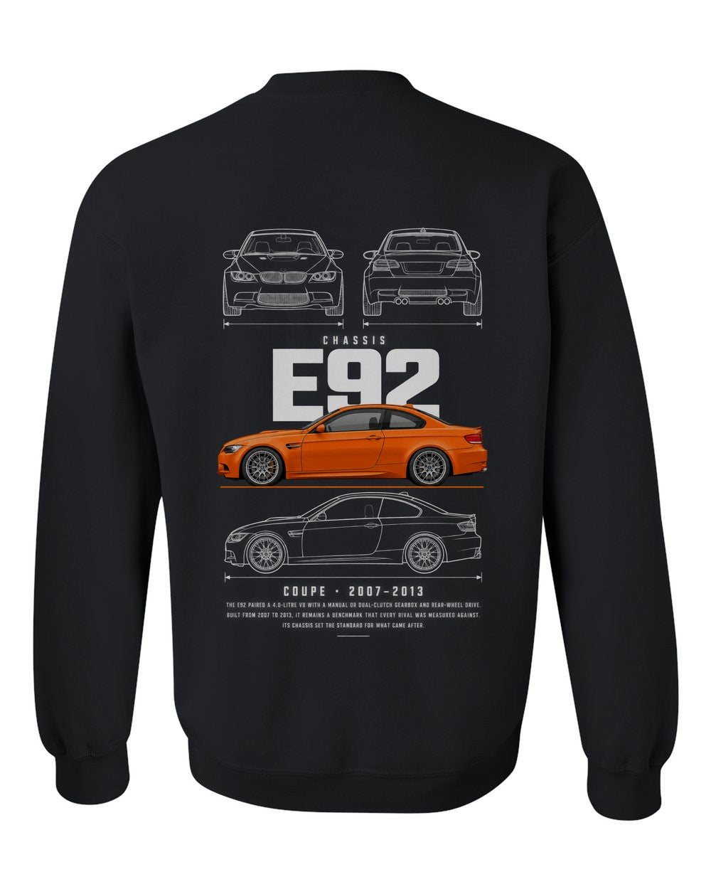 E92 full-back artwork black crewneck back view with the design