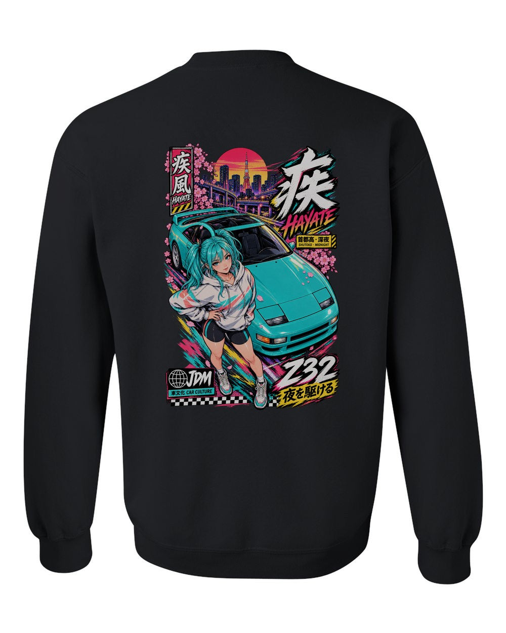 HAYATE Z32 full-back artwork black crewneck back view with the design