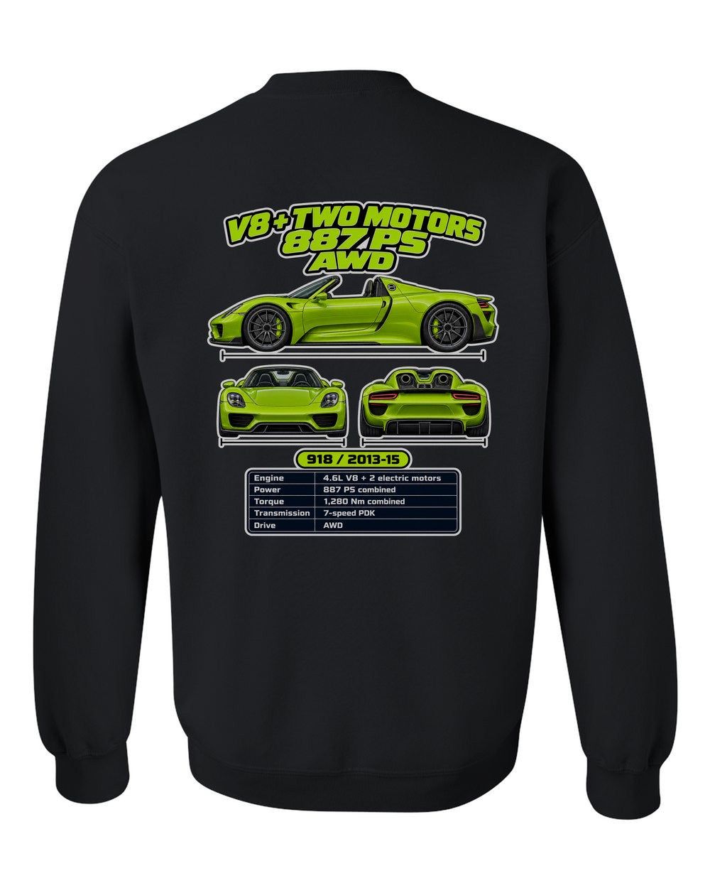 Porsche 918 Spyder spec sheet black crewneck back view with the design