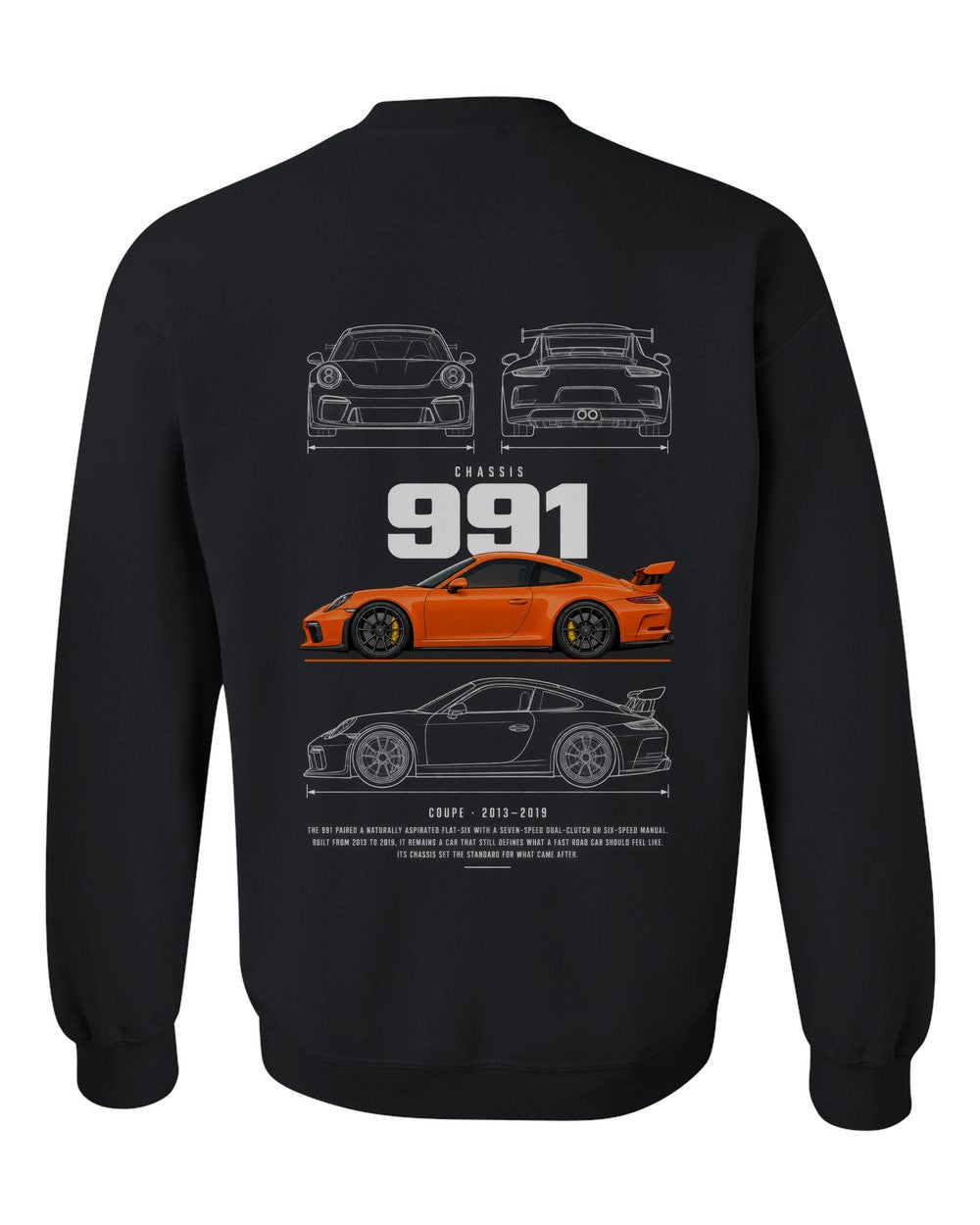 991 full-back artwork black crewneck back view with the design