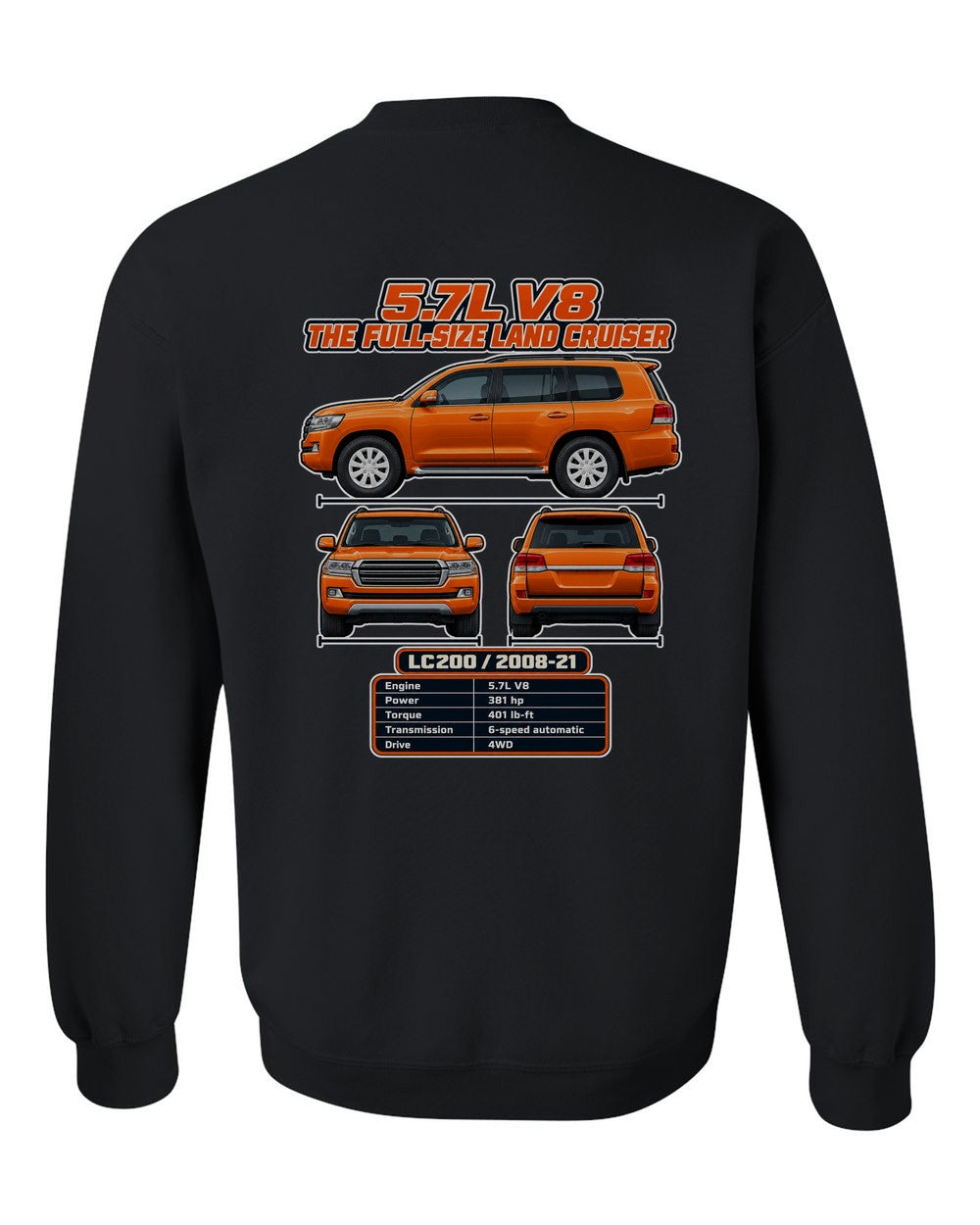 Toyota Land Cruiser 200 spec sheet black crewneck back view with the design