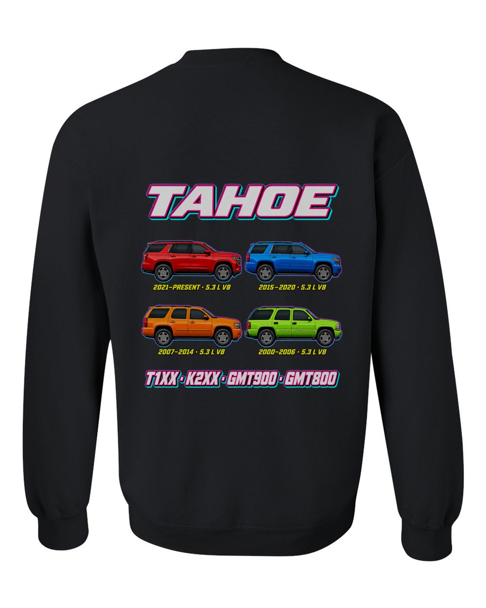 Chevrolet Tahoe evolution poster black crewneck back view with the design