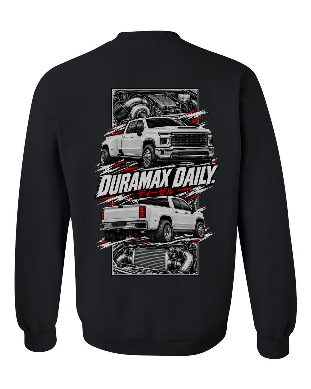 Chevy Silverado Hd torn poster black crewneck back view with the design