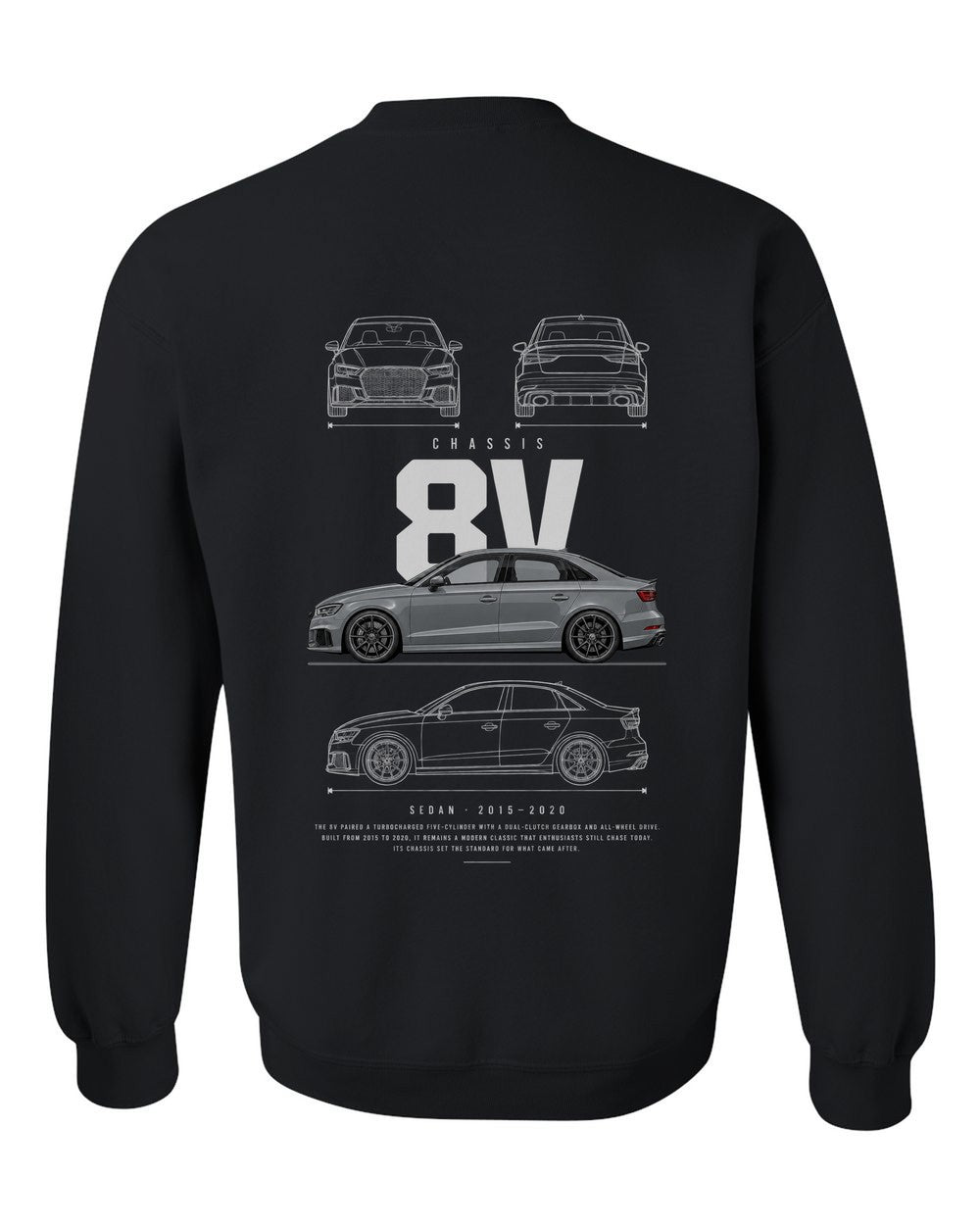 8V full-back artwork black crewneck back view with the design