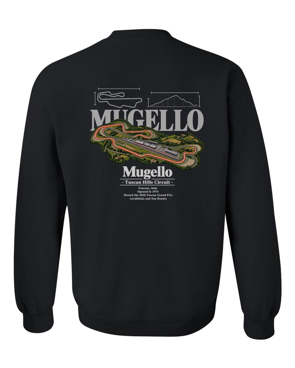Mugello black crewneck back view with the design