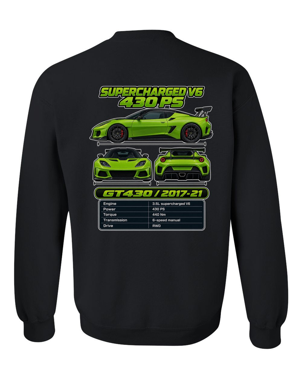 Lotus Evora Gt430 spec sheet black crewneck back view with the design
