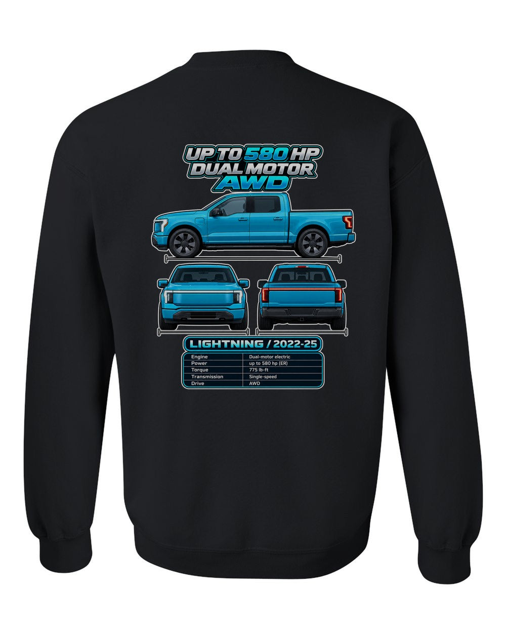 Ford F 150 Lightning spec sheet black crewneck back view with the design