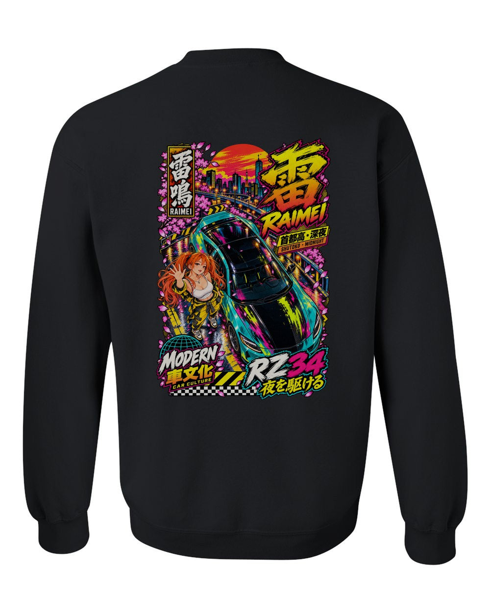 RAIMEI RZ34 full-back artwork black crewneck back view with the design