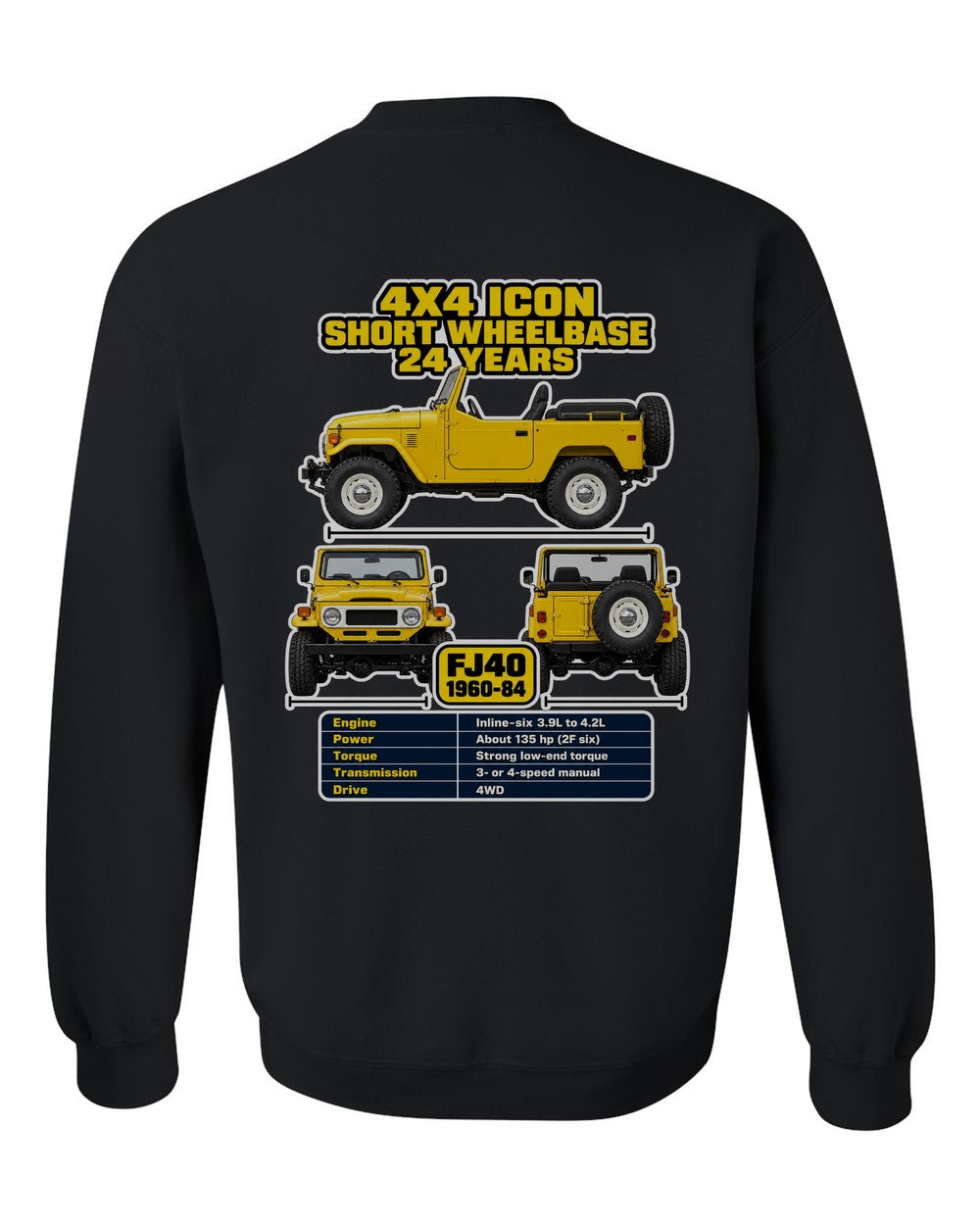Toyota Fj40 spec sheet black crewneck back view with the design