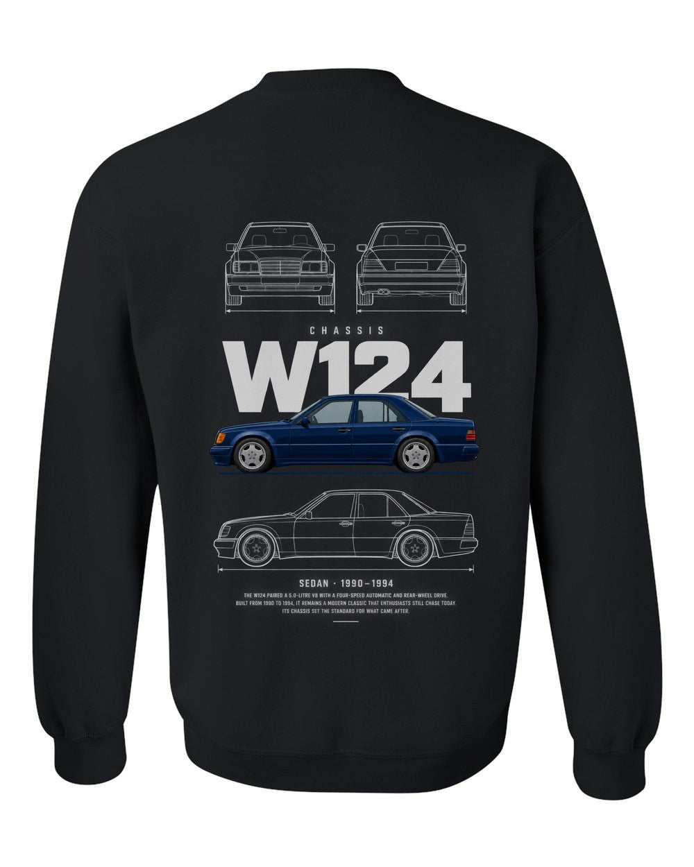 W124 full-back artwork black crewneck back view with the design