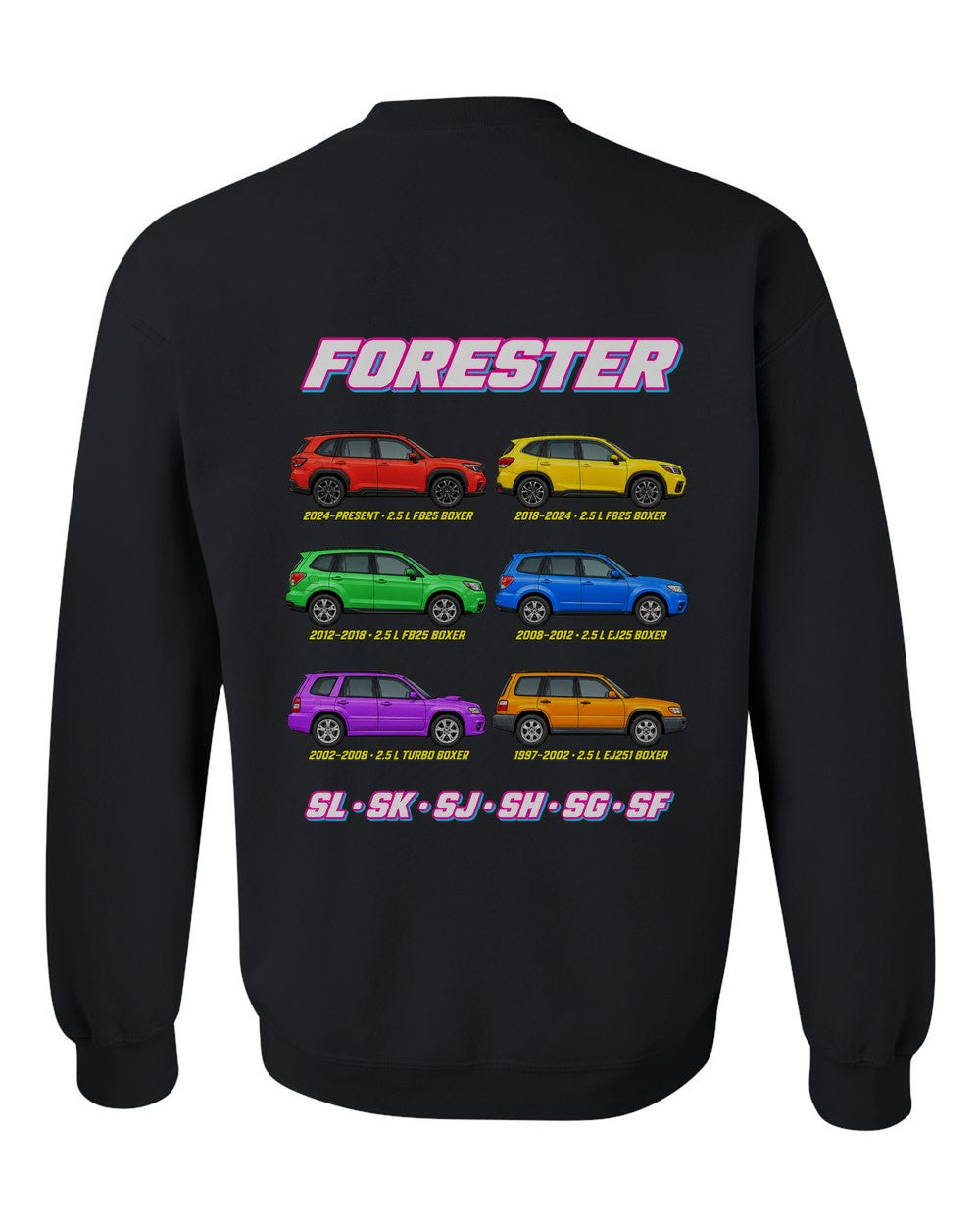 Subaru Forester evolution poster black crewneck back view with the design