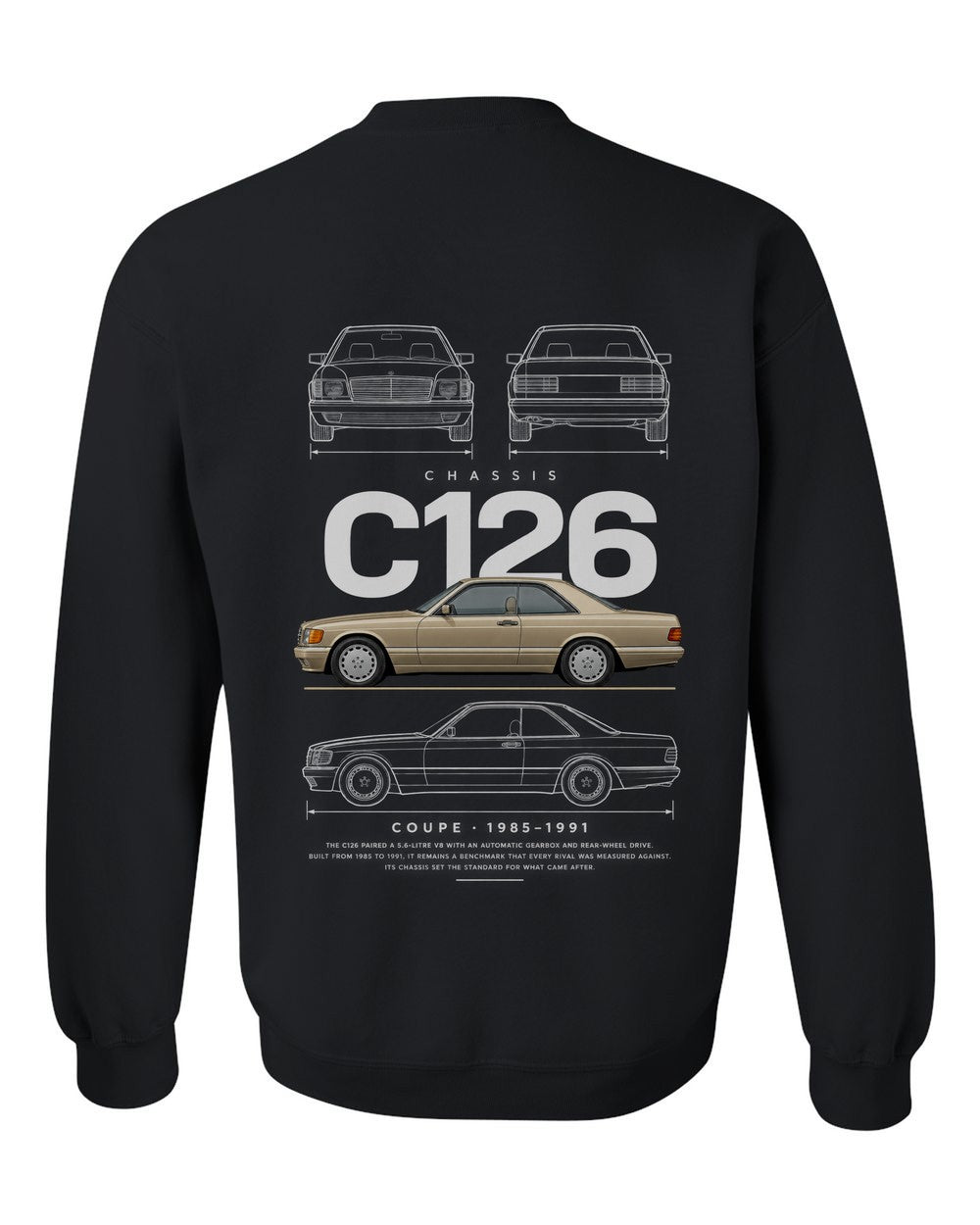 C126 full-back artwork black crewneck back view with the design