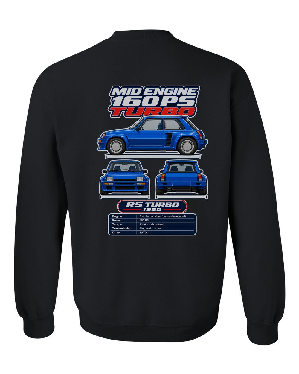 Renault 5 Turbo spec sheet black crewneck back view with the design