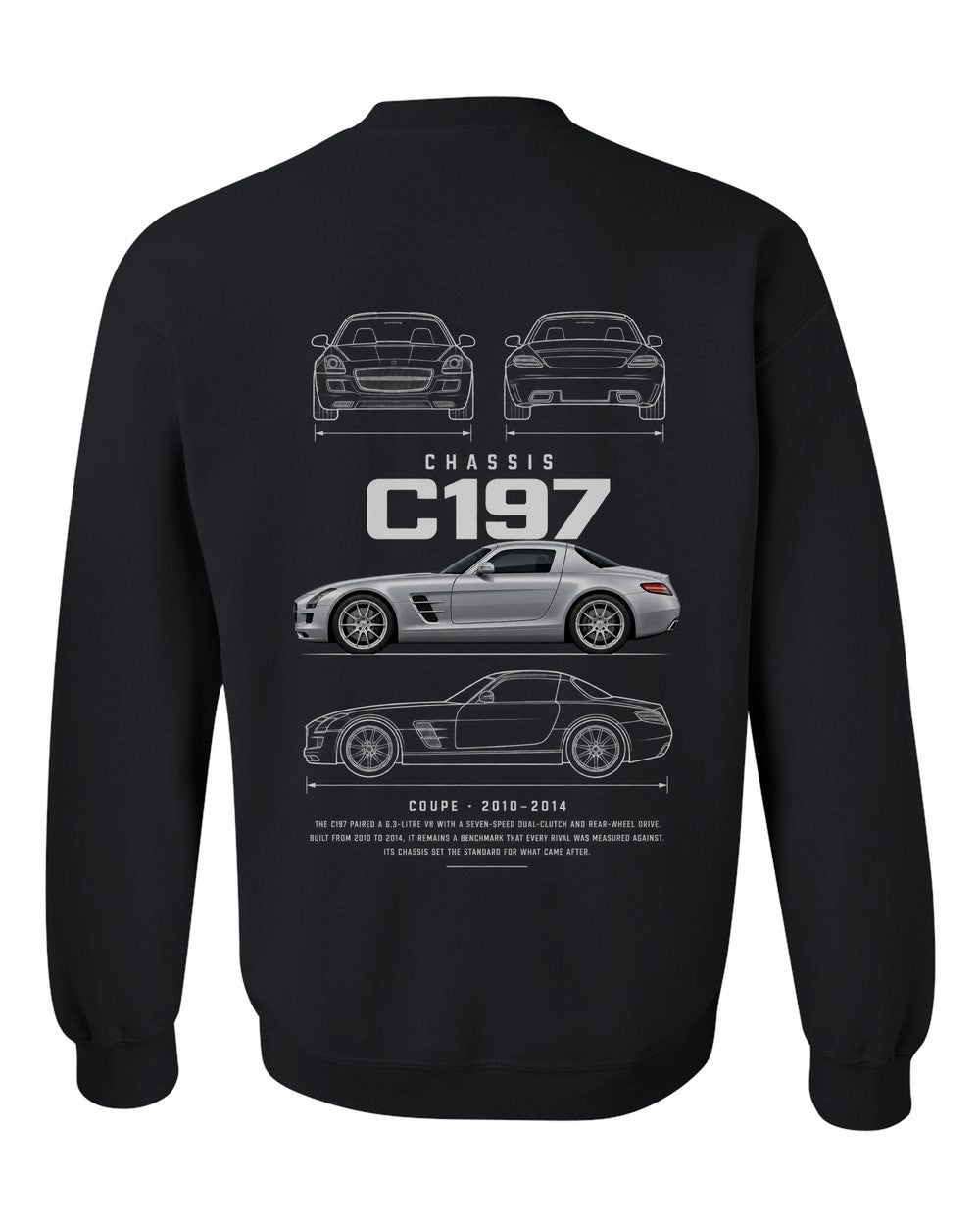 C197 full-back artwork black crewneck back view with the design