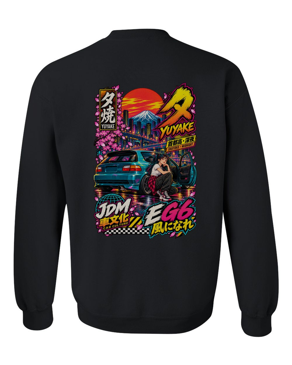 YUYAKE EG6 full-back artwork black crewneck back view with the design
