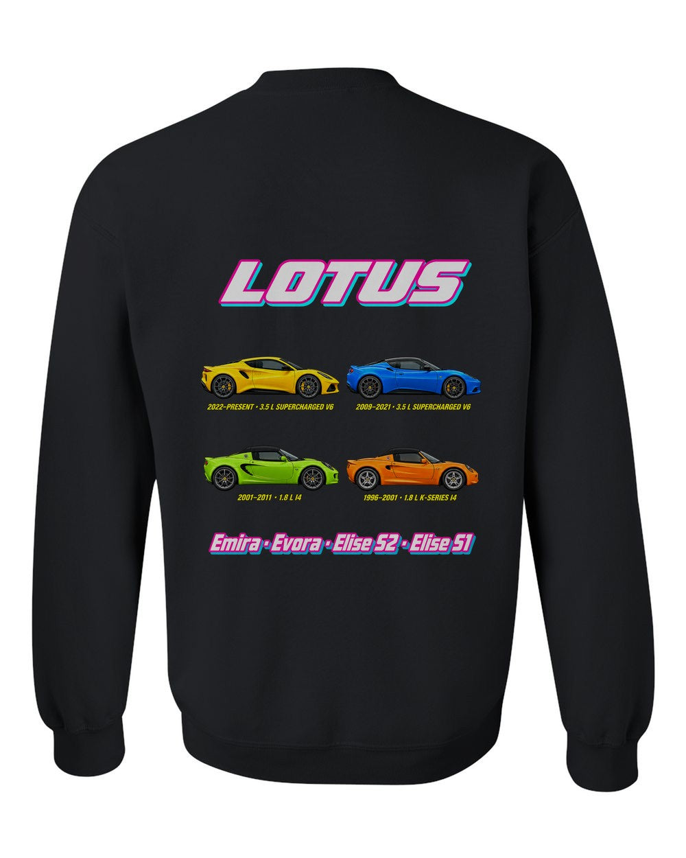 Lotus evolution poster black crewneck back view with the design