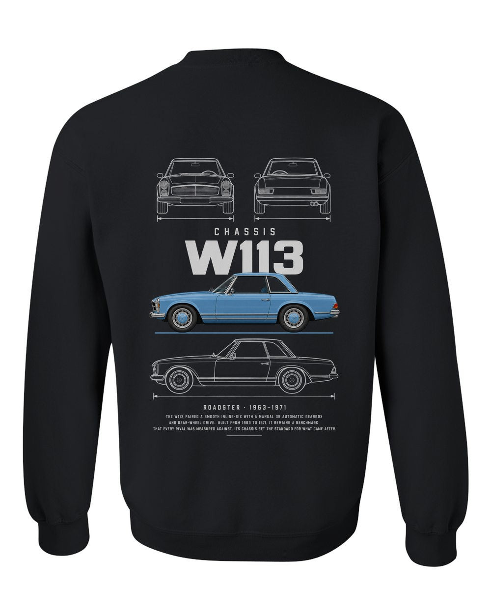 W113 full-back artwork black crewneck back view with the design