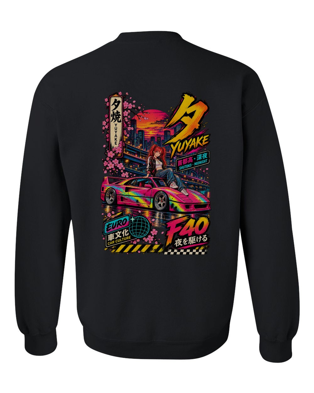 YUYAKE F40 full-back artwork black crewneck back view with the design